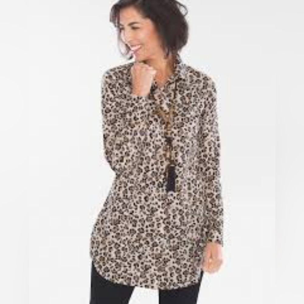 Chico's silky soft leopard print tunic blouse size 1 M = 8  brown  no iron *
